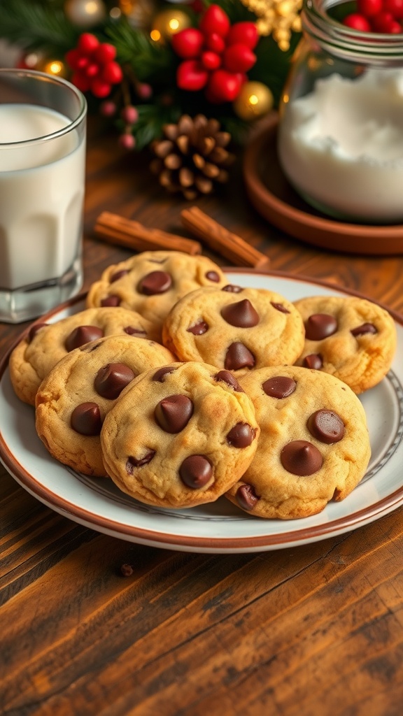 Freshly baked chocolate chip cookies on a plate with a glass of milk.